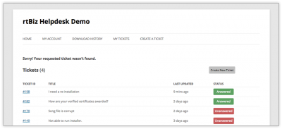 rtBiz Helpdesk 404 ticket listing