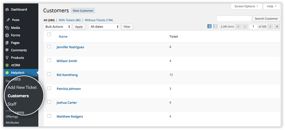 rtBiz Helpdesk customer listing