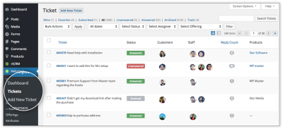 rtBiz Helpdesk ticket admin listing