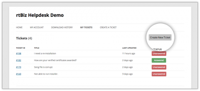 rtBiz Helpdesk Front End Ticket Listing