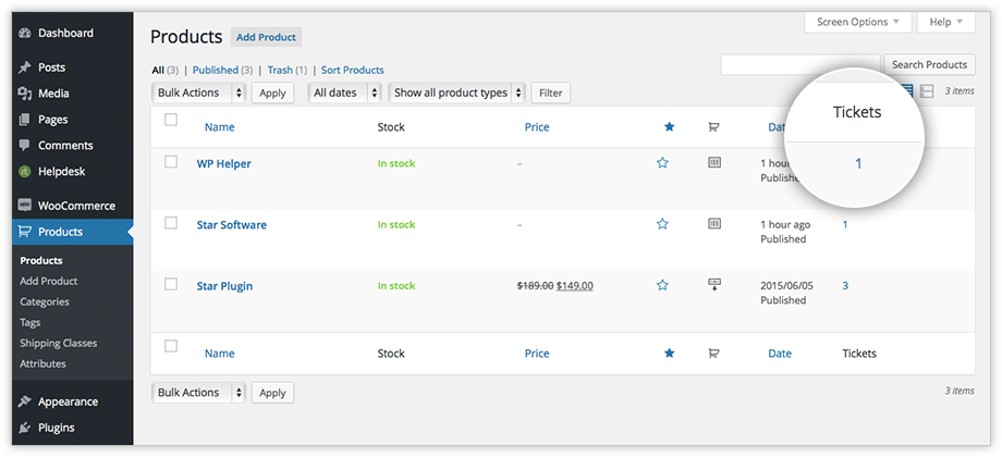 rtBiz helpdesk Woocommerce products