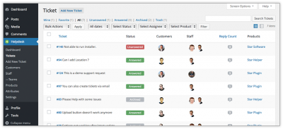 rtBiz helpdesk ticket listings