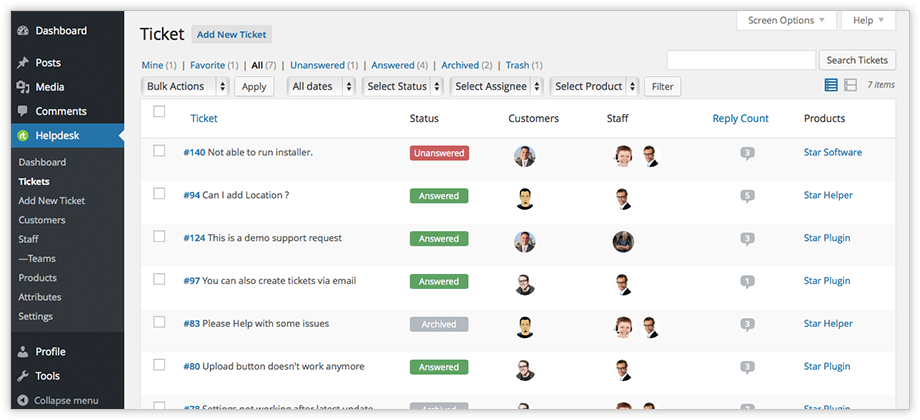 rtBiz helpdesk ticket listings