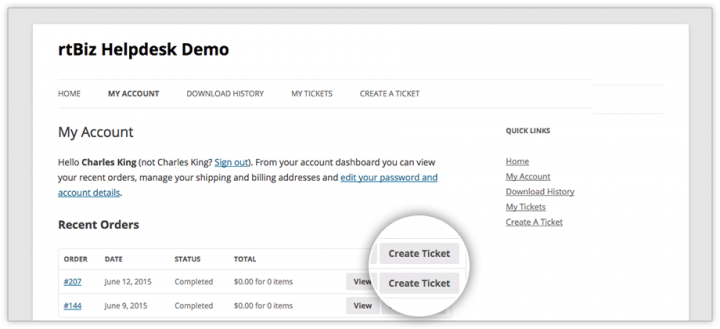 Create Ticket Button on WooCommerce My Account section